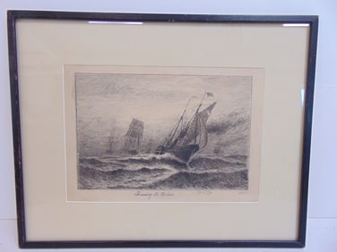 Pen & ink drawing, "Running the Blockade", signed Otis Weber, 12.25" by 15.25"