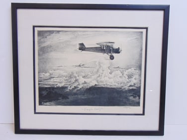 Etching, "Corrigan's Crate", signed William Heaslip, note, also signed by Doug Corrigan, dated 1938,