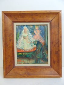 Painting, figure walking by bridal store, signed Rv. Blue (RJ. Blue ?), oil on canvas, 15.75" by 13