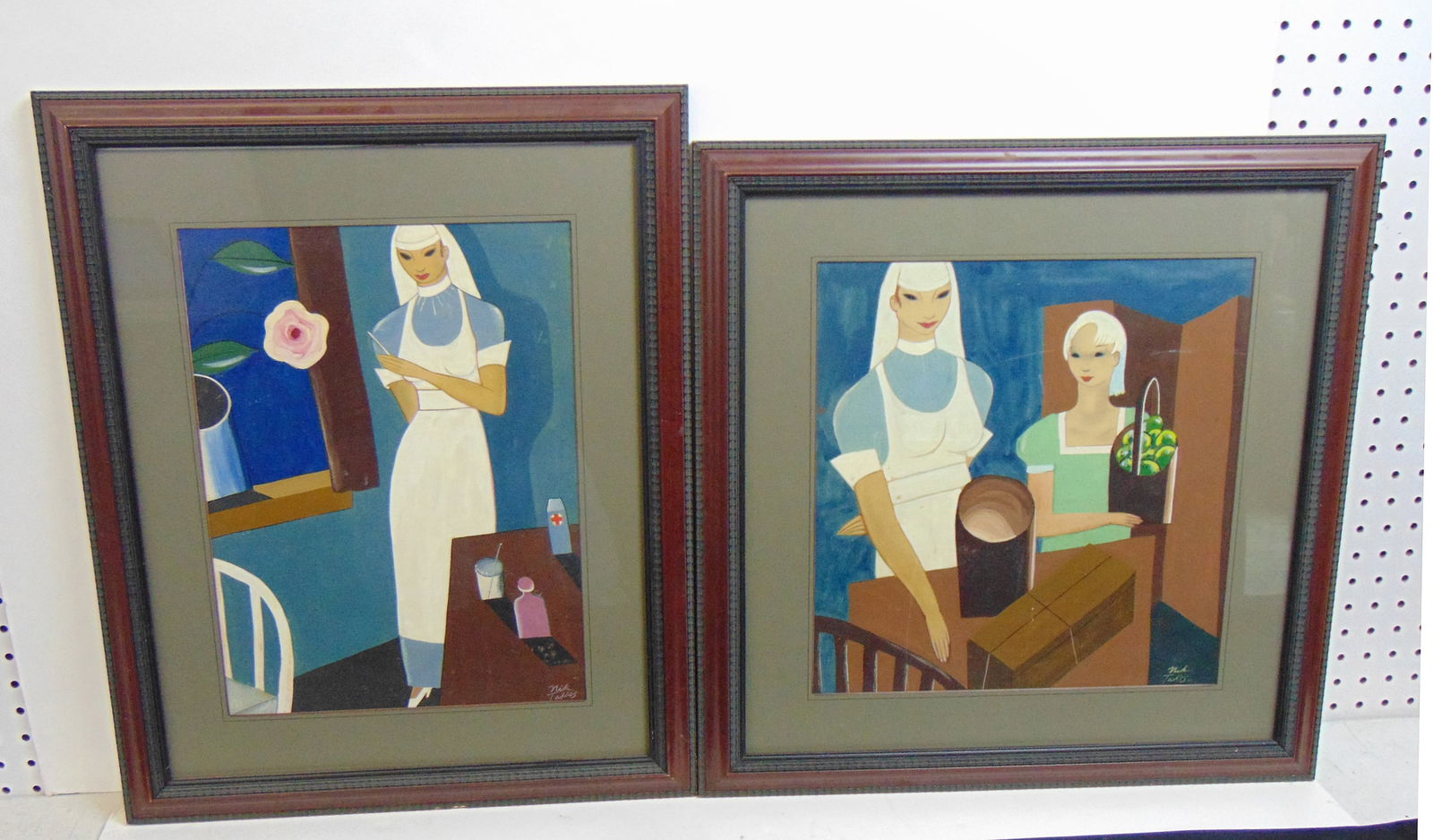 2 paintings, Nurse scenes, signed Nil Takis, gouache, Nurse by window with flower, 22 7/8" by 18.5": 2 paintings, Nurse scenes, signed Nil Takis, gouache, Nurse by window with flower, 22 7/8" by 18.5" & Nurse with woman holding bag of fruit, apple, 21.25" by 20.75"