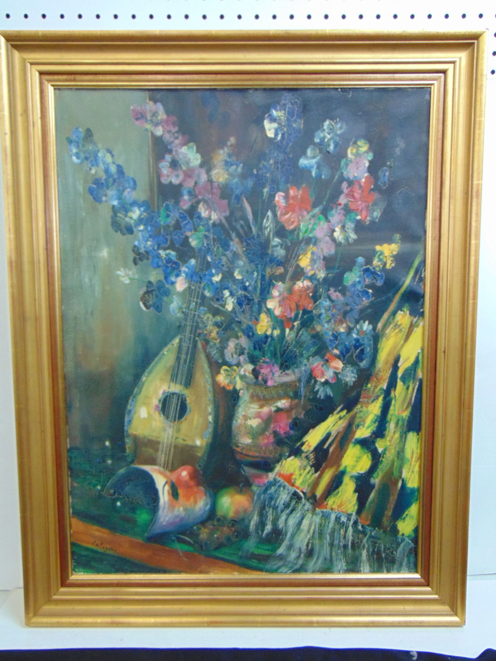 Painting, still-life with flowers, mask, mandolin, signed Calogero (Jean), oil on canvas, 33.75" by (1 of 5)