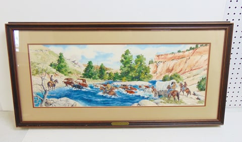 Painting, "Crossing Over" signed Jodie Boren, 1977, cattle drive across stream, watercolor, 17.75"