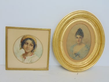 2 portraits, oval portrait in gilt frame & watercolor, portrait girl signed Ferranti (?), oval frame