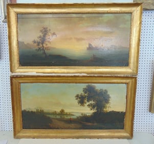 Two large paintings, Italian landscapes, unsigned oil on wood panel, figures on path overlooking
