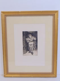 Etching, "The Court Jester", signed W.M. Chase, plate 6.5" by 4.5", framed size is 15.5" by 12.75"