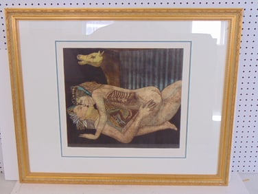 Lithograph, "Los Misterios del Organismo", signed Geracho, edition 9/100, gilt framed, 29.5" by 36