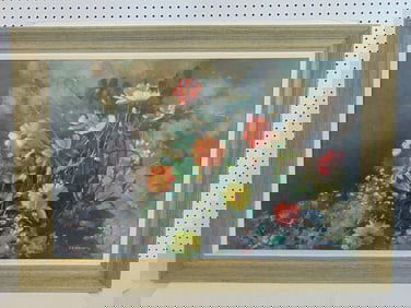 Painting, "Pretty Maids", signed S.G. Maniatty, oil on canvas, still-life with flowers, 30 7/8" by