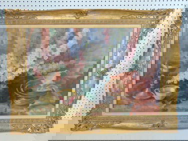 Painting, still-life with flowers, bowls, cherries, signed Nelly Hollo, oil on canvas, 32.25" by 44