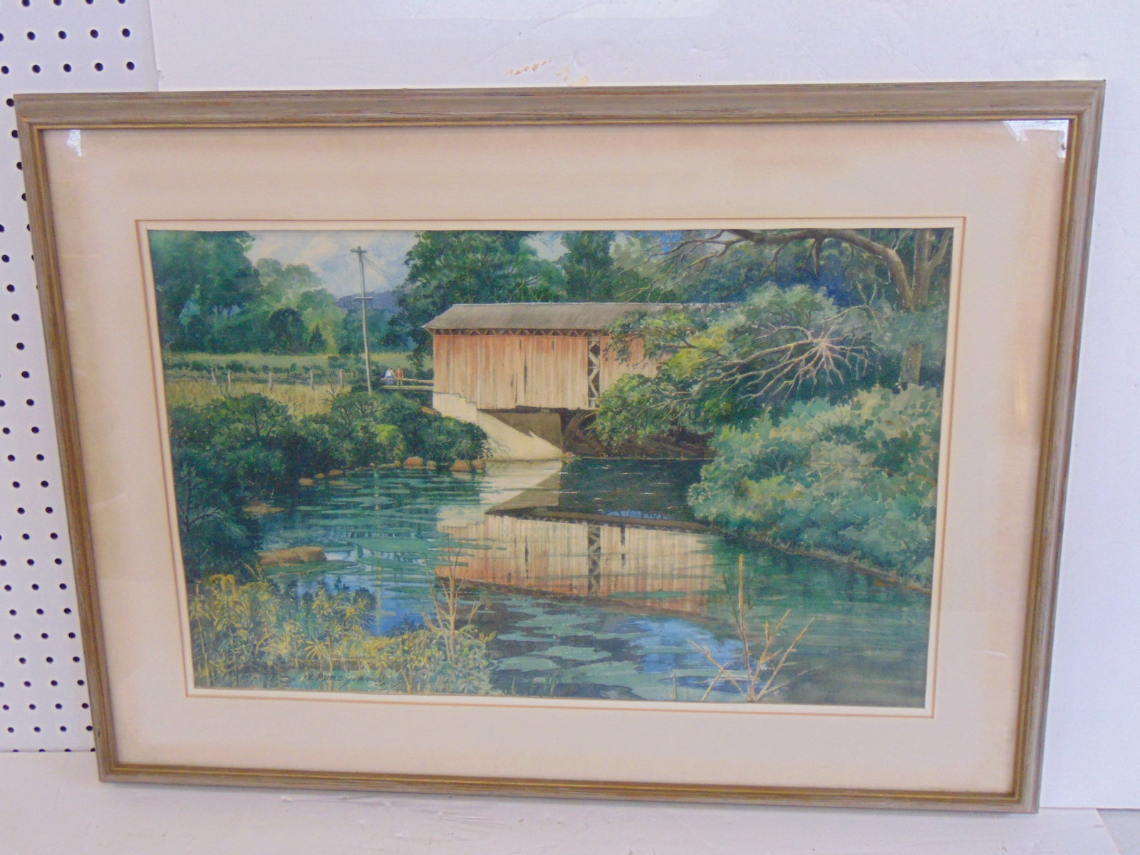 Painting, "Vermont Covered Bridge", signed Earl Purdy, watercolor, 24.25" by 33.25": Painting, "Vermont Covered Bridge", signed Earl Purdy, watercolor, 24.25" by 33.25"