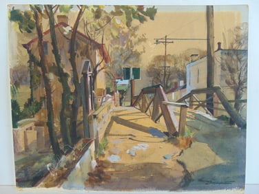 Painting, small bridge with houses, signed Warren Baumgartner, watercolor (unframed), 18.25" by 23"