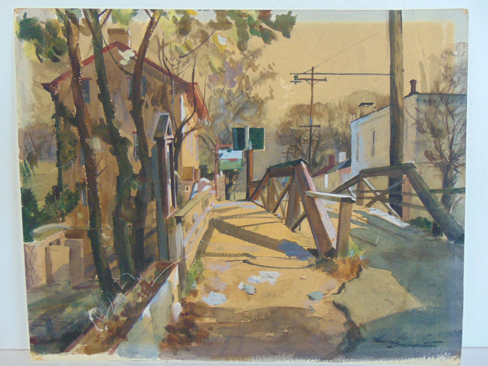 Painting, small bridge with houses, signed Warren Baumgartner, watercolor (unframed), 18.25" by 23" (1 of 4)