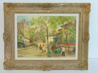 Painting, Paris scene, "Place de Tertre", signed Ch. Blondin (??), oil on canvas, 19.5" by 24.5"