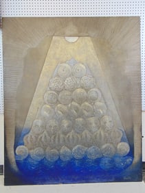 mixed media, "Iluminacao Pela Razao", signed Fernando Pilla (Brazil), textured wood panel with