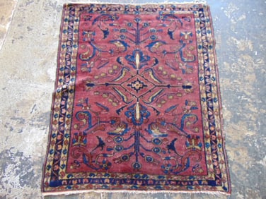 Small Persian carpet, in red, geometric pattern, rug is 53" by 45"