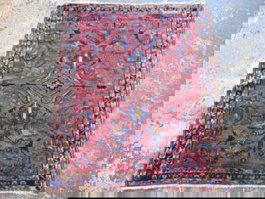 Small Persian carpet, in red, geometric pattern, rug is 53" by 45" (1 of 4)