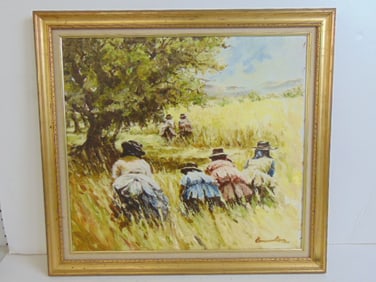 Painting, ladies in tall grass, signed Edmundo Cruz, oil on board, 24" by 25.75"