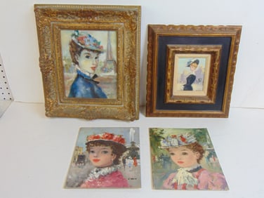 4 oil paintings, portraits of Parisian ladies, by Andre Ricot, L'Abee (two) & L. Ramon, larger