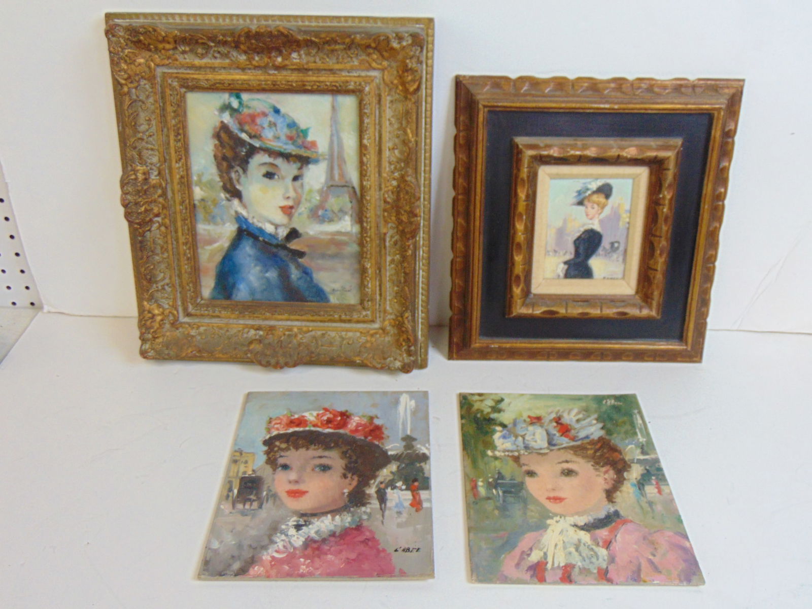 4 oil paintings, portraits of Parisian ladies, by Andre Ricot, L'Abee (two) & L. Ramon, larger (1 of 9)