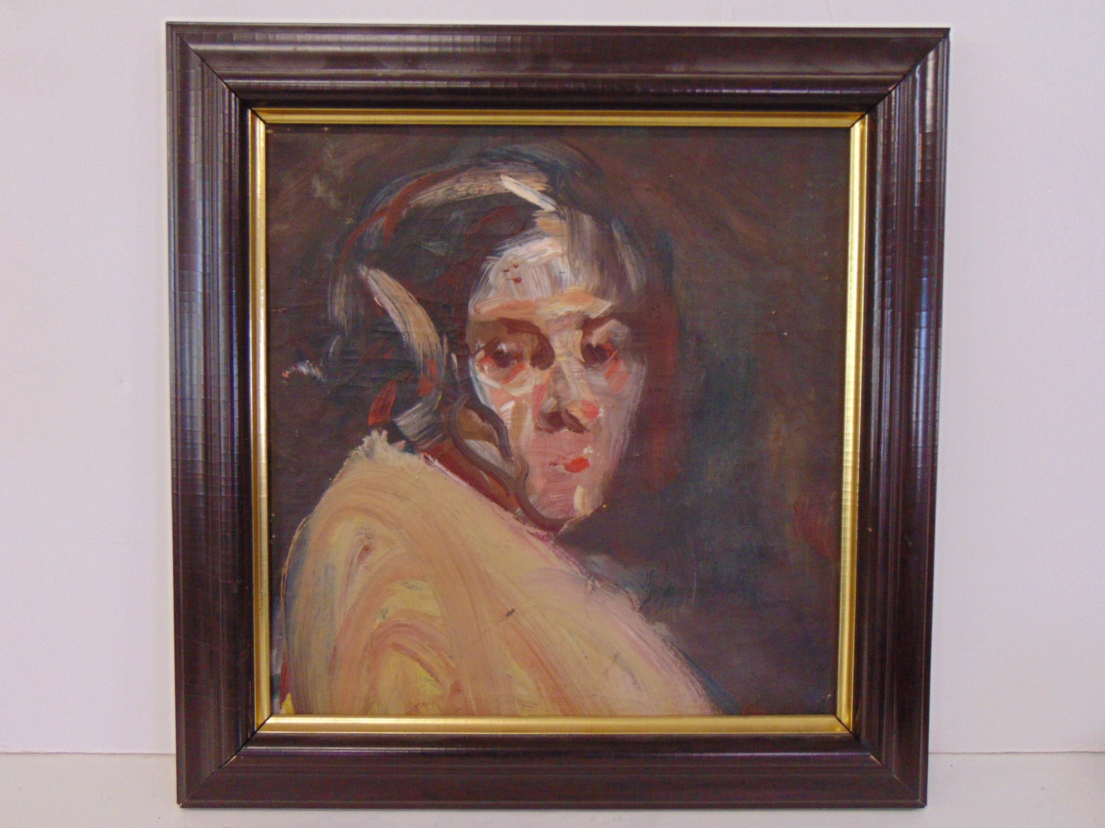 Painting, portrait, signed verso, "P. Nardell, painted by George Luks in chair", oil on canvas,: Painting, portrait, signed verso, "P. Nardell, painted by George Luks in chair", oil on canvas, 17.5" by 17"