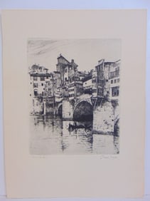 Etchings, "Ponte Vecchio", signed Joseph Pennell, unframed, plate size is 9.75" by 7 5/8", sheet