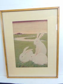Painting, three rabbits in landscape, signed "Jan" (initials JHV ? see images), watercolor, 22.25"