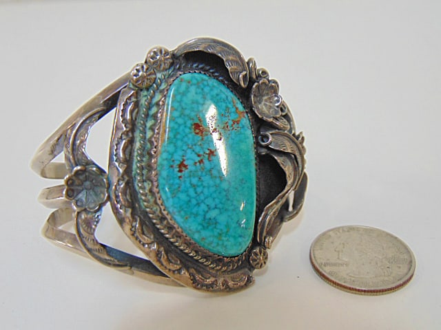 Jewelry. Sterling blue Turquoise Native American Navajo Vintage cuff bracelet, 2 troy oz, stone is (1 of 6)