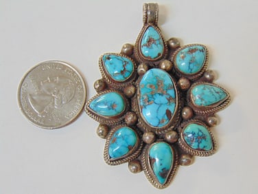 Jewelry. Sterling Turquoise Native American pendant, 1.40 troy oz, one large oval central stone