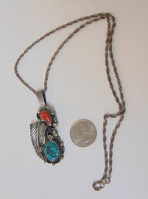 Jewelry. Vintage Sterling silver Robert Nez Navajo pendant/necklace turquoise & red coral signed on