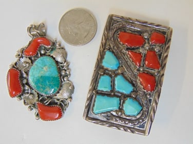 Jewelry. (2) Red Coral & turquoise pcs Native American sterling, belt buckle signed WAYNE C. 5 pc