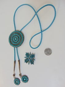 Jewelry. Sterling Zuni Bolo sgd. P & V by Joe, petit point turquoise and pin