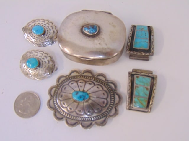 Jewelry. Sterling Turquoise Native American collection to include pair of signed DH sterling clip on (1 of 6)