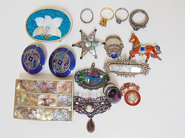 Jewelry. Collection of sterling, enamel, abalone, & other, antique painted brooch/pin w/ sheep, (1 of 9)