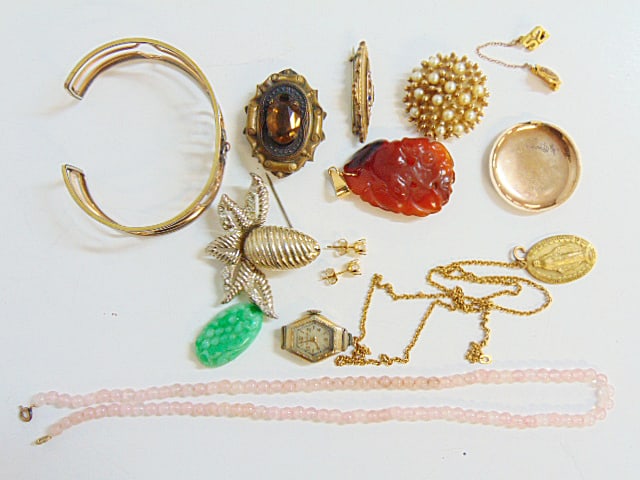 Jewelry. Gold filled lot & other including carved carnelian pendant, CastleCliff pin, cz studs,: Jewelry. Gold filled lot & other including carved carnelian pendant, CastleCliff pin, cz studs, watch face, gf cuff, & other