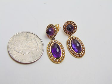 Jewelry. Gold Victorian Amethyst & seed pearl earrings, cabochon set stones, 5.98 grams, post