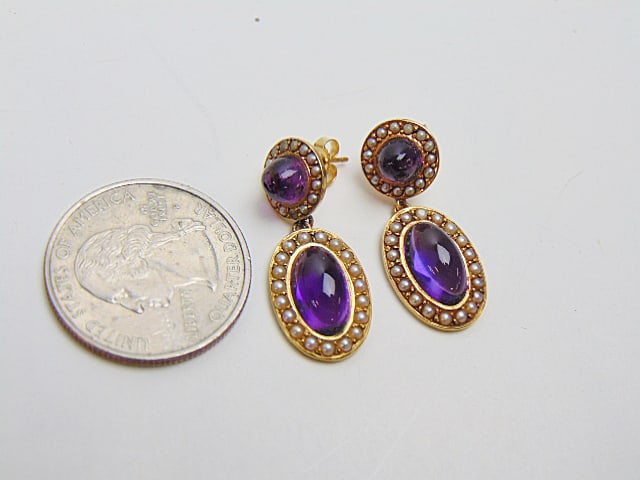 Jewelry. Gold Victorian Amethyst & seed pearl earrings, cabochon set stones, 5.98 grams, post (1 of 3)