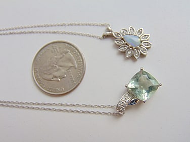 Jewelry. (3) GOLD necklaces, 14kt opal surrounded by diamond chips, chain hallmark 14k, 3.86 grams &