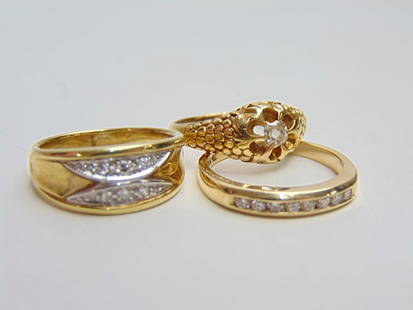 Jewelry. (3) GOLD & Diamond rings/bands to include 8 small inset diamond band hallmark 14k, 2.70: Jewelry. (3) GOLD & Diamond rings/bands to include 8 small inset diamond band hallmark 14k, 2.70 grams, size 7; band of double row of diamond chips, hallmark 14k, 4.85 grams, size 6 1/2"; & tested 14k