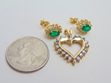 Jewelry. Diamond heart pendant & diamond & emerald earrings to include hallmark 14k open heart