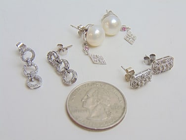 Jewelry. White gold lot to include 14kt hallmark pearl earrings w/ diamond chips, 3.80 grams,