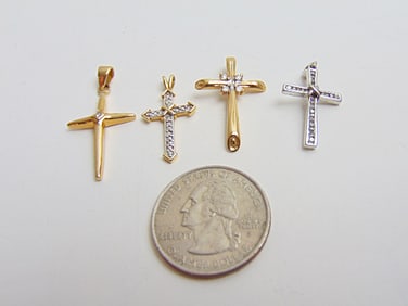 Jewelry. (4) GOLD crosses 6.25 grams total weight, w/ diamond chips, 3 yellow gold crosses all