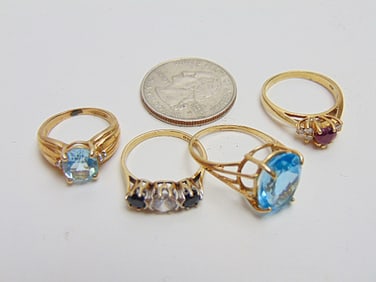 Jewelry. (4) GOLD rings, 14k hallmark w/ six small diamonds & red gemstone 2.80 grams, size 7; 9