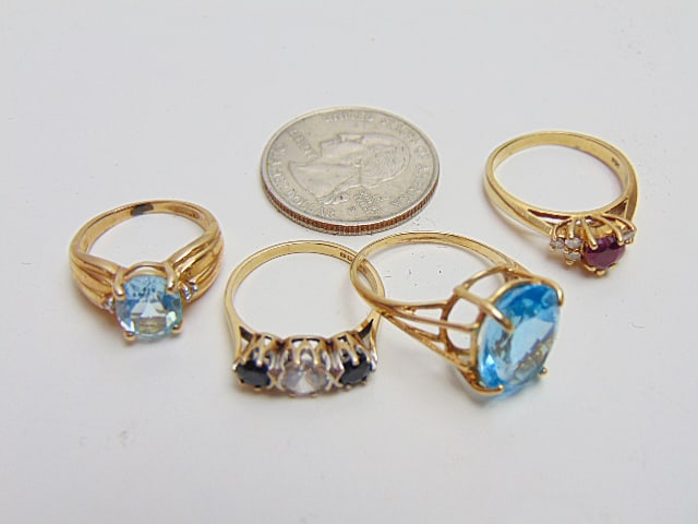 Jewelry. (4) GOLD rings, 14k hallmark w/ six small diamonds & red gemstone 2.80 grams, size 7; 9 (1 of 3)