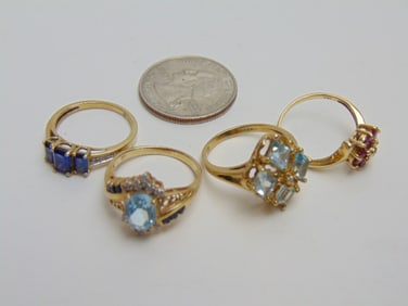 Jewelry. (4) GOLD rings, 14kt hallmark w/ red gemstones 2.35 grams size 6 1/2; hallmark 10k THL