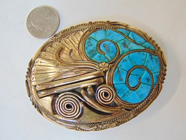 Jewelry. Large Sterling Turquoise Native American belt buckle, hallmark G.F. 2.30 troy oz, 3 1/4" x