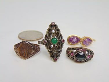 Jewelry. (3) GOLD rings & gold earrings to include hallmark 14k faceted tourmaline? greenish color