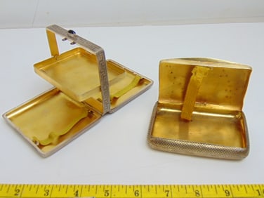 2 Art Deco cigarette cases both with gold wash interior w/ touchmarks, 900 on each, one with Greek
