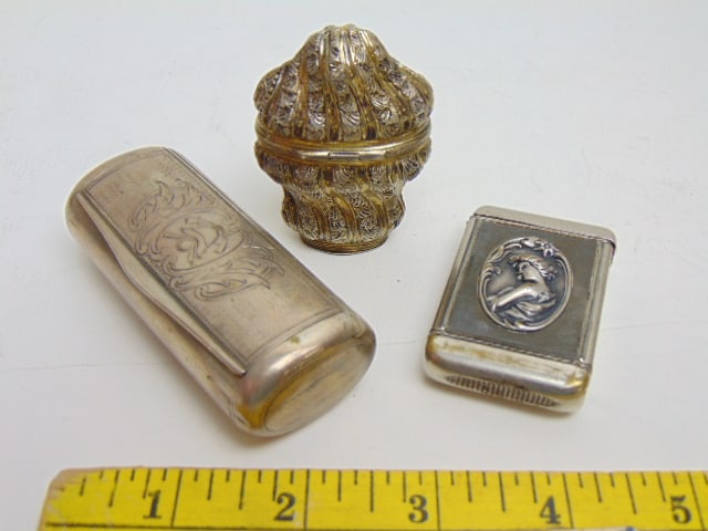 3 Vintage boxes, match safe with figural lady one side & deer/elk on other side hallmark pat Jan 4 (1 of 4)