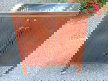 Rosewood wine bar, fitted interior, on casters, top opens up, cabinet is 30.25" wide, 34.75" tall,