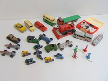 Lot Dinky Toy cars, trucks, bulldozer, race cars, bus, more, all in used condition, loss of paint
