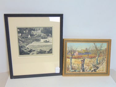 Painting & woodblock, "The Cove, Maine Coast", signed Carroll Thayer Berry, woodblock.12" by 13.5" (